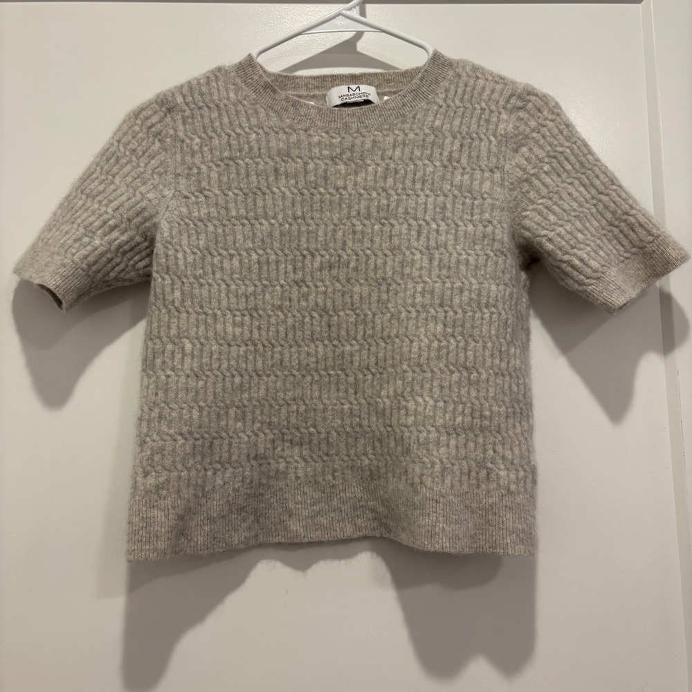 Magaschoni Cashmere Short Sleeve Sweater Gray Cable Knit Crew Neck Top Medium